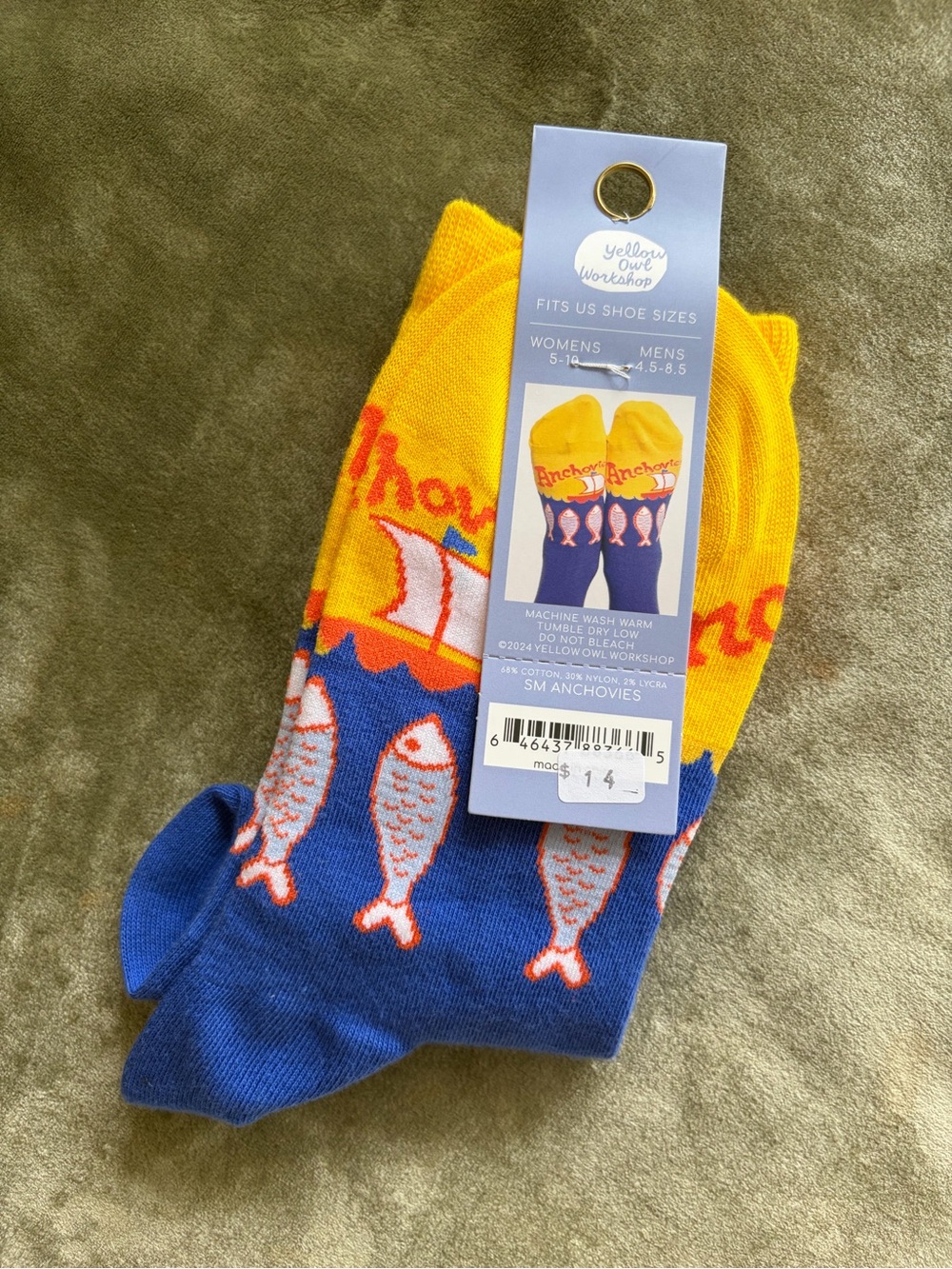 Yellow Owl Workshop Anchovies Crew Socks - Yellow & Blue